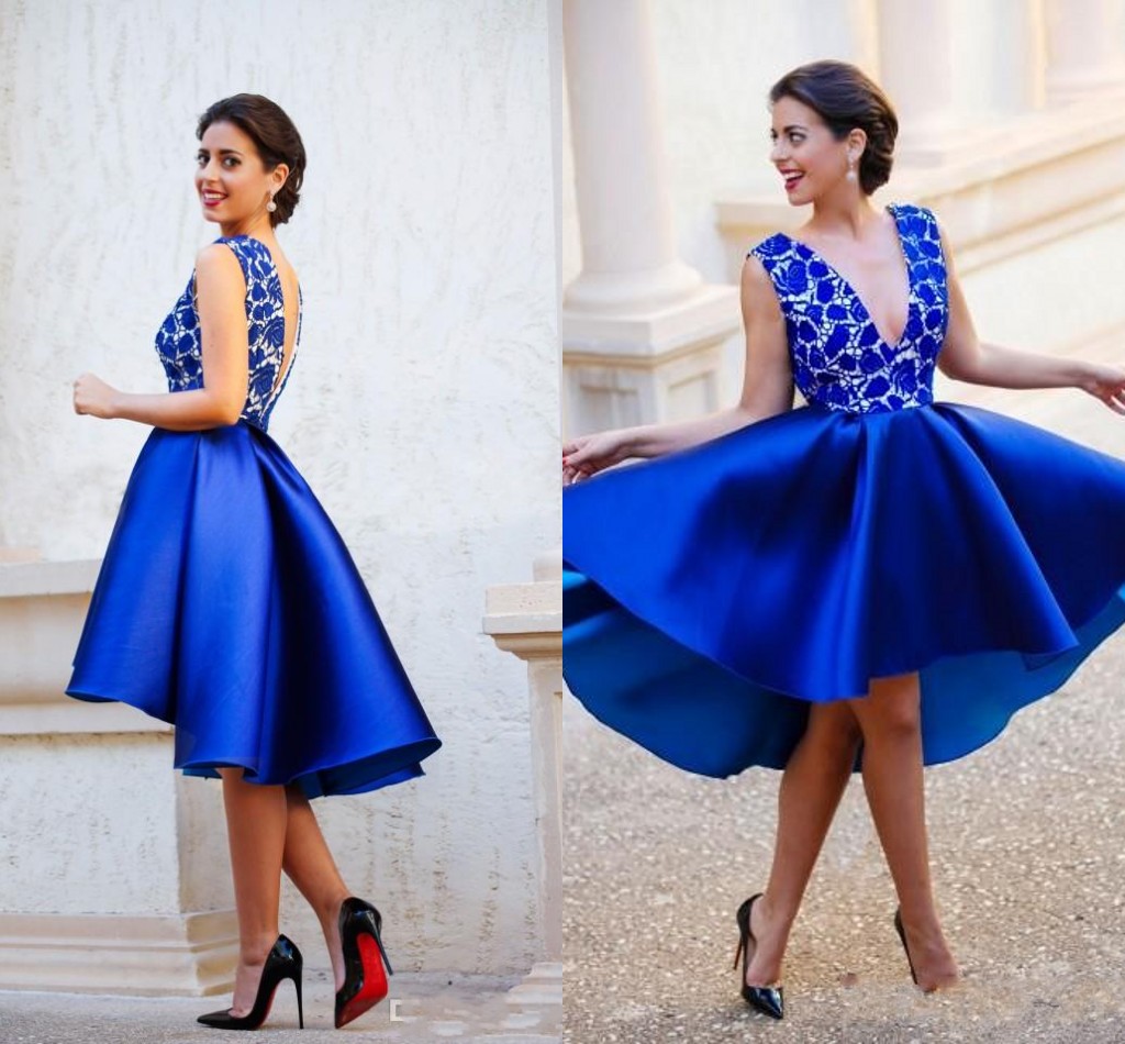 New Sexy Royal Blue Plunging V neck Backless Short Cocktail Dresses Lace Satin Homecoming Dresses Hi Lo Arabic Plus Size Prom Party Gowns от DHgate WW