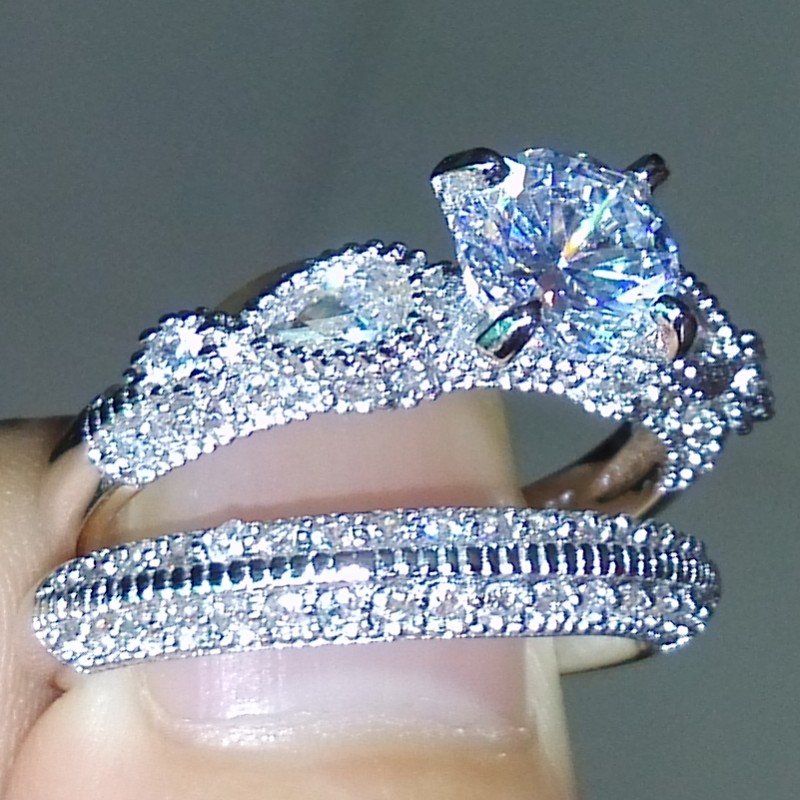 Sterg Sier Round Cut Simulated Dia Wedding Engagement Ring Set for Women Size 5-11, Pave Prong Setting, Cubic Zirconia, White Topaz & CZ, Bohemian Sty