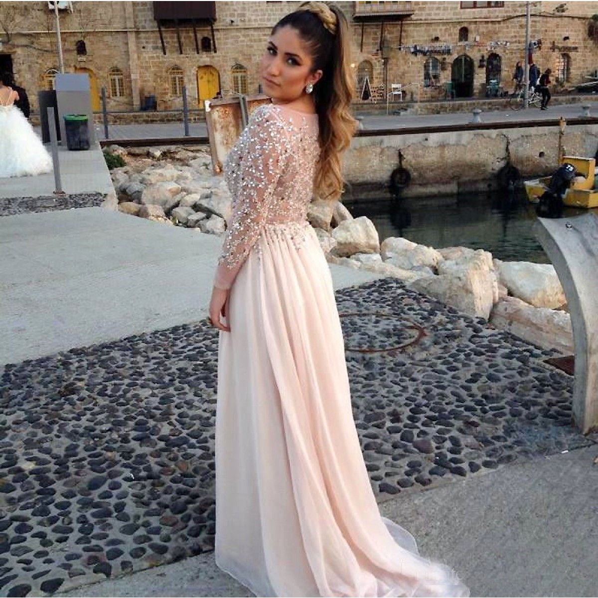 Trend Long Sleeve Evening Gowns Sequined Beads Chiffon Prom Dresses Vestidos De Festa Formal Party Gown For Graduation Scoop Vestidos 0510