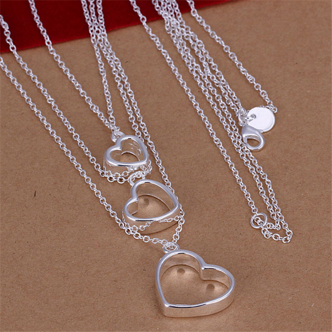 Hot sale Three-wire three heart necklace sterling silver plate necklace STSN038,fashion 925 silver necklace factory sale christmas gift
