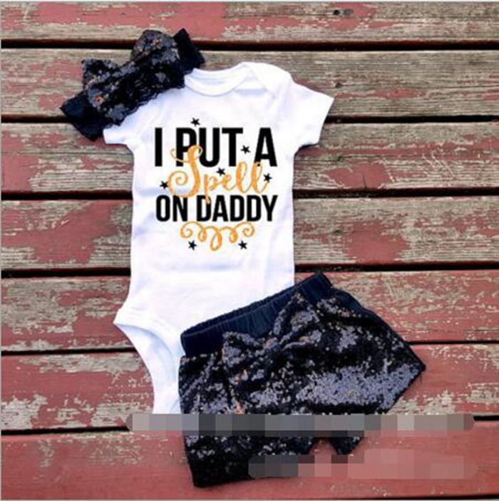 INS Letters Girl Rompers Suit Children Short Sleeve Triangle Rompers Sequins Shorts Bowknot Hair Band 3pcs Sets Baby Clothing 7 Style DHT191