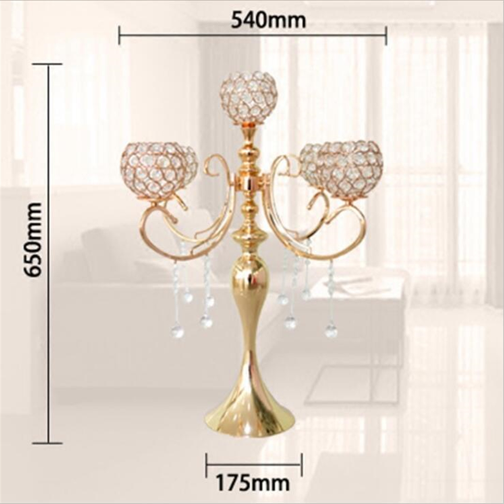 65cm height 5-arms metal Gold candelabras with pendants sumptuous wedding table candle holder home decoration 10 pcs/lot
