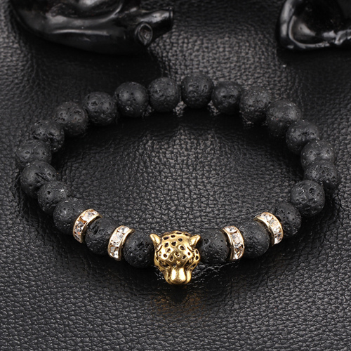 Wholesale-Wholesale Antique Silver Plated Buddha Leopard head Bracelet Lava Natural Stone Beaded Bracelets For Men Women Pulseras Hombre