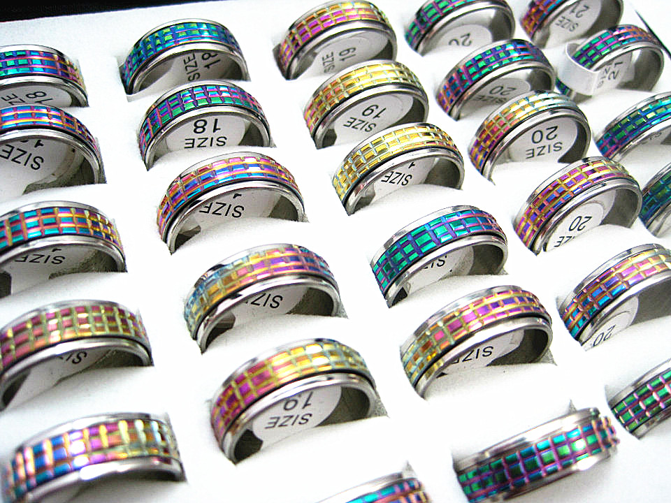 wholesale bulk lots 50PCs rainbow color stainless steel Cutting Spinner fashion jewelry rings brand new lot от DHgate WW