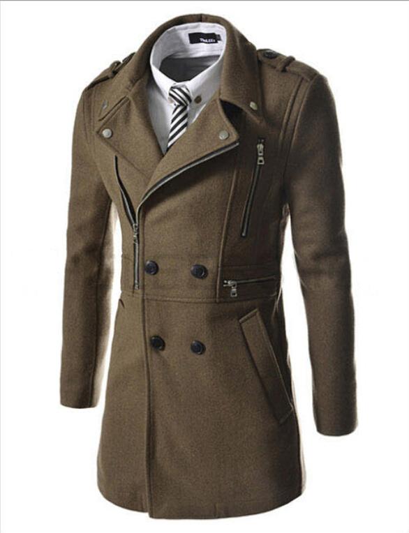 2016 Fashion New Long Trench Coat Men Zipper Double Breasted Decoration Slim Fit Pea Coat Winter Trenchcoat Jacket