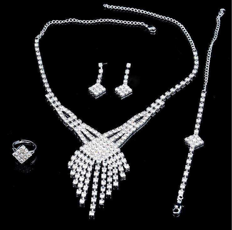 Four pcs jewelry set Crystal Wedding Crown Earrings Necklace Tiaras rings bracelet Accessories Fashion Headdress HT122