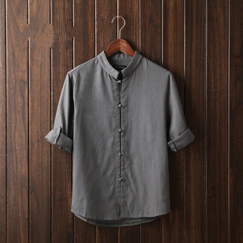 Men's Casual Shirts New Autumn Fashion Brand Men Thanks Flax Pure Color Man's Shirt Seven Chinese Style Shirt Sleeve grey Beige Blue Army