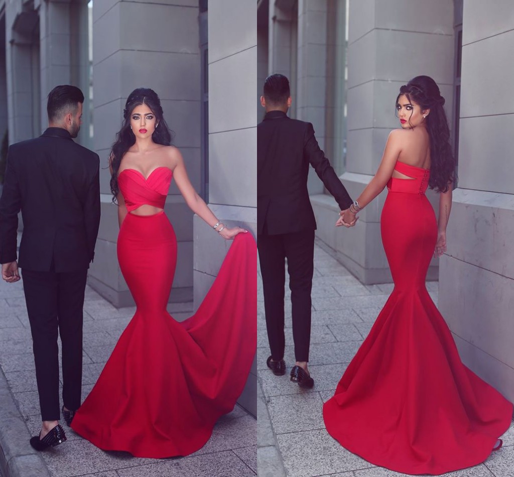Mermaid Evening Dresses Red Sweetheart Cutaway Side Sleeveless Prom Gowns Back Zipper Sweep Train Custom Made Formal Ocn Dress
