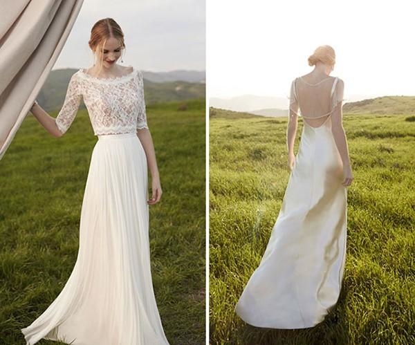 Beach Garden Two Piece Lace Half Long Sleeve Scoop Neckline Wedding Gown Chiffon Robe De Mariage Bohemian Bridal Dresses 0510