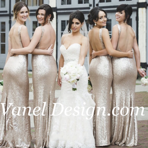 Shiny Rose Gold Champagne Sequin Bridesmaid Dresses Mermaid V-Neck Plus Size Long Wedding Guests Dress Cheap Custom Make