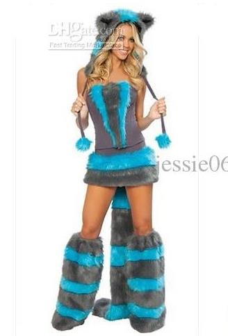 Sexy Furry Fasching Wolf Cat Girl Halloween Costume Cosplay Fancy Party dress up Hat Leg Set Coatee Skirt Full Set Xmas