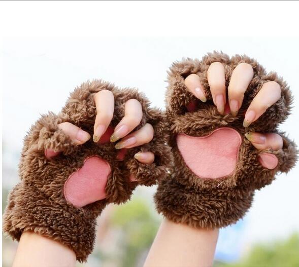 Ladies Winter Fingerless Gloves,Fluffy Bear Cat Plush Paw Claw Half Finger Glove,Soft Half Covered Women Female Gloves Mittens