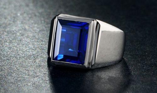 Men's Blue Sapphire Sterg Sier Solitaire Wedding Band Ring Size 8-13