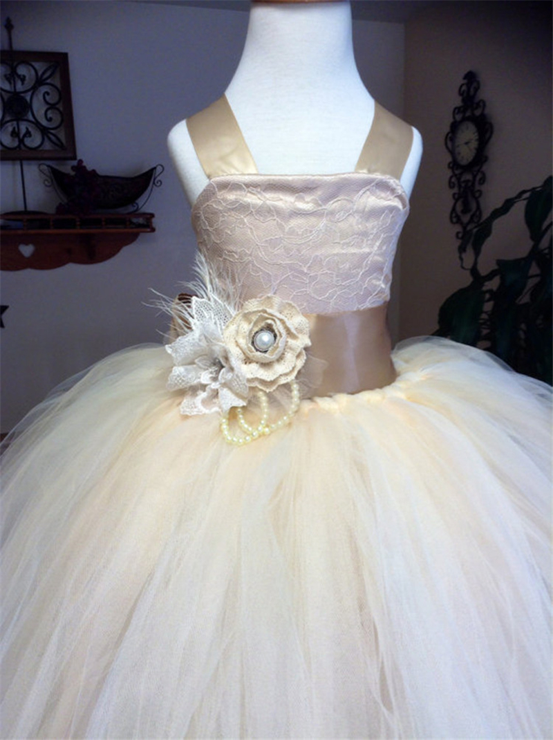 Sexy Princess Lace Ball Flower Girl Dress with Bow Beading Tulle Girls Pageant Gown First Communion Dresses BF25
