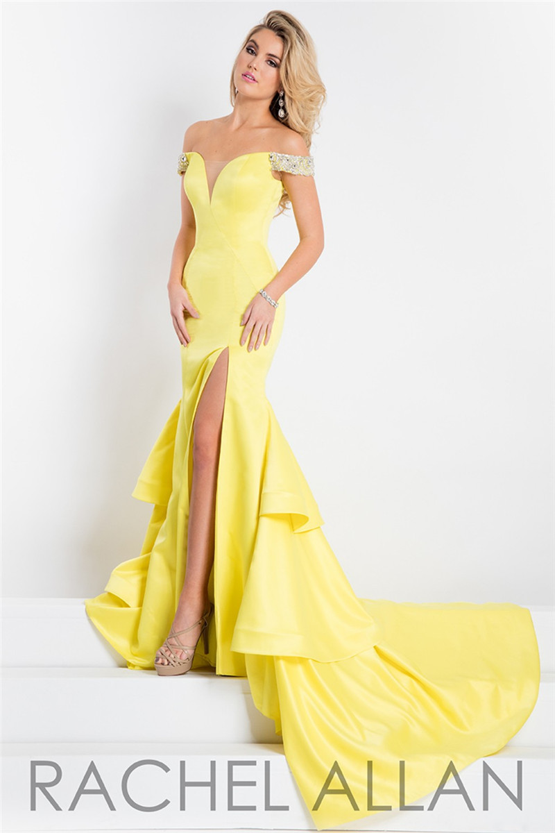 Rachel Allan Mermaid Prom Dresses Off Shoulder Neckline Split Evening Gowns Full Length Beads Light Yellow Prom Gowns