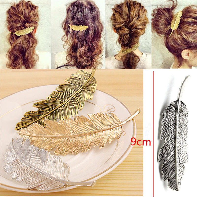 Women Leaf Feather Hair Clip Hairpin Barrette Bobby Pins Hair Accessories Gold #R49