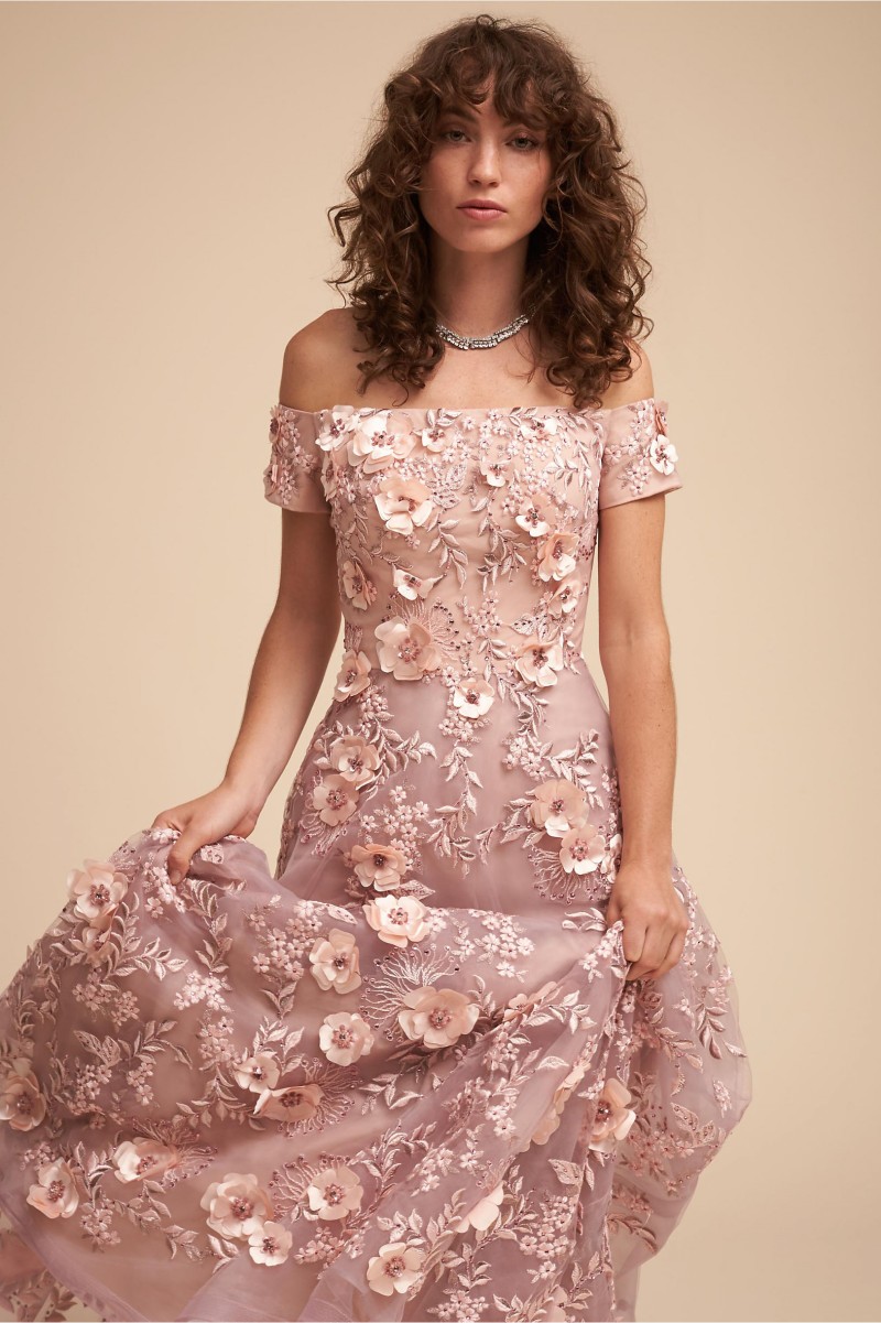 Illusion BHLDN A Line Prom Dresses Blush Pink Applique Hand Made Flower Evening Gown Bateau Neck Floor Length Custom Made Fashion Dresses