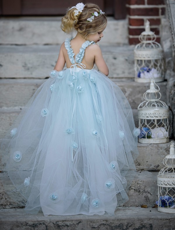 3D Floral Appliques Flower Girls Dresses Open Back Communion Dress Sweep Train Ball Gown Princess Gowns