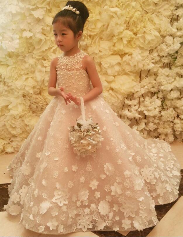 luxurious lace arabic flower girl dresses pearls 3d floral child wedding dresses vintage little girl pageant dresses fg11