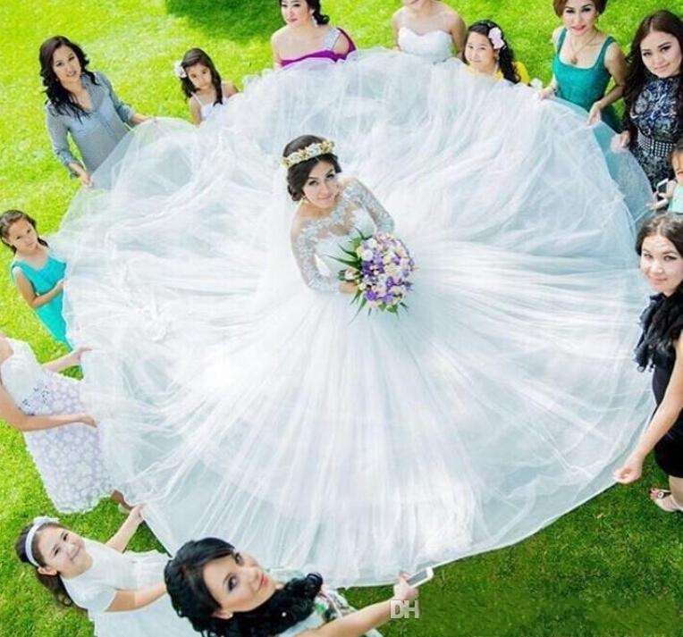 Wedding Dress Princess Long Sleeved Sheer Tulle Appliques Lace Puffy Bridal Gowns Vestido De Noiva Princess White/Ivory Custom