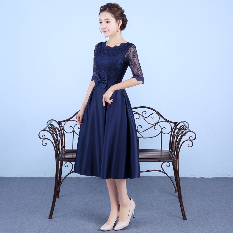 New Navy Blue Evening Dresses with Half Sleeve Elegant High Neck Satin Bride Gown 2017 Ball Prom Party Homecoming/Graduation Formal Dress