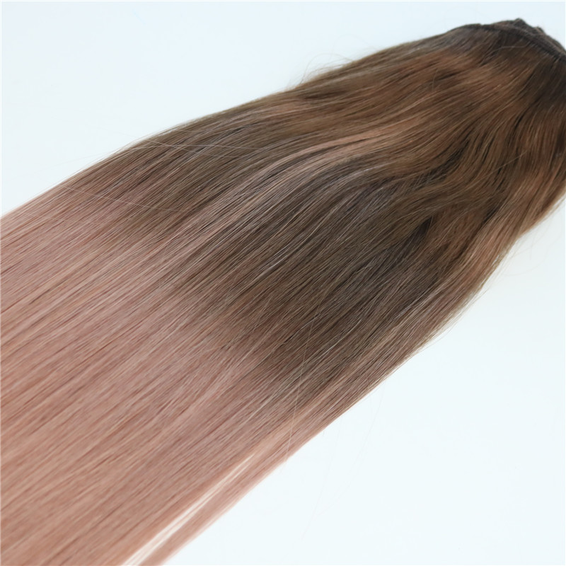 120g Full Head Clip In Human Hair Extensions 7pcs Ombre Pink Brown Tips #3 Rose Gold Balayage Hair Extensions Highlights