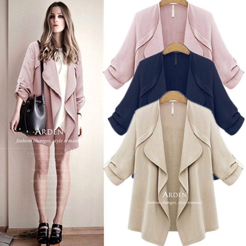 Wholesale- XL-5XL plus larger size ! NavyBlue Khaki pink Casual women thin three quarter sleeved solid wide -waisted stitching outerwear