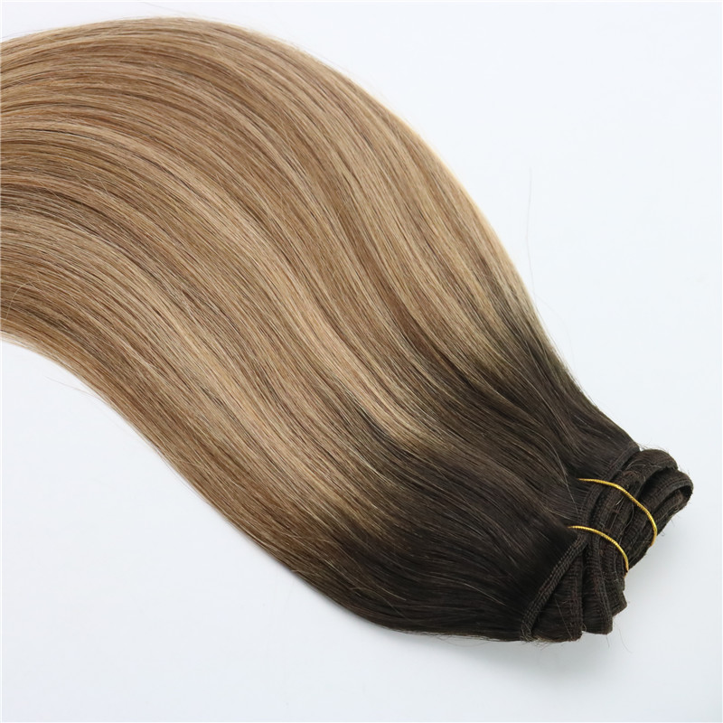 8A 7pcs 120gram Clip In Human Hair Extensions Ombre Brown Human Hair With Strawberry Blonde Balayage Highlights