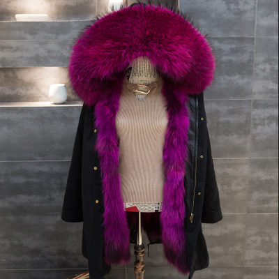 Winter women's raccoon fur hooded long sleeve loose army green real natural fox fur liner warm thickening long parkas coat M-4XL