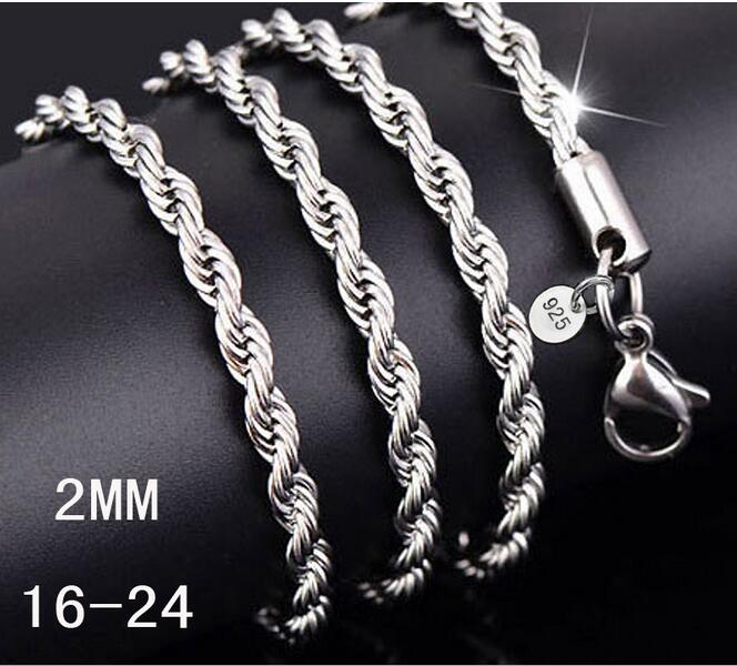 Silver Chain Necklace Women Man necklace 16-24 inch 2mm Rope Chain 925 jewelry findings accesory 925 G215