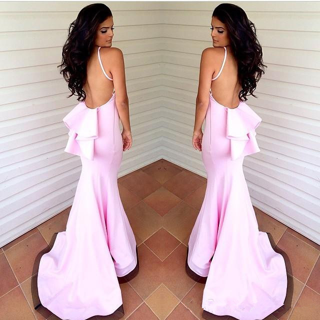 Long Pink Bridesmaid Dresses Mermaid Backless Elastic Satin Ruffle Sweep Train Organza Edge Formal Long Bridesmaids Gowns