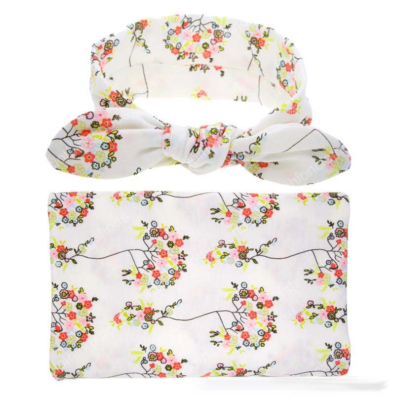 3colors New borns baby flower swaddling clothes 2pc set rabbit ears bow headband+swaddle cloth daisy rose floral printing receiving blanket