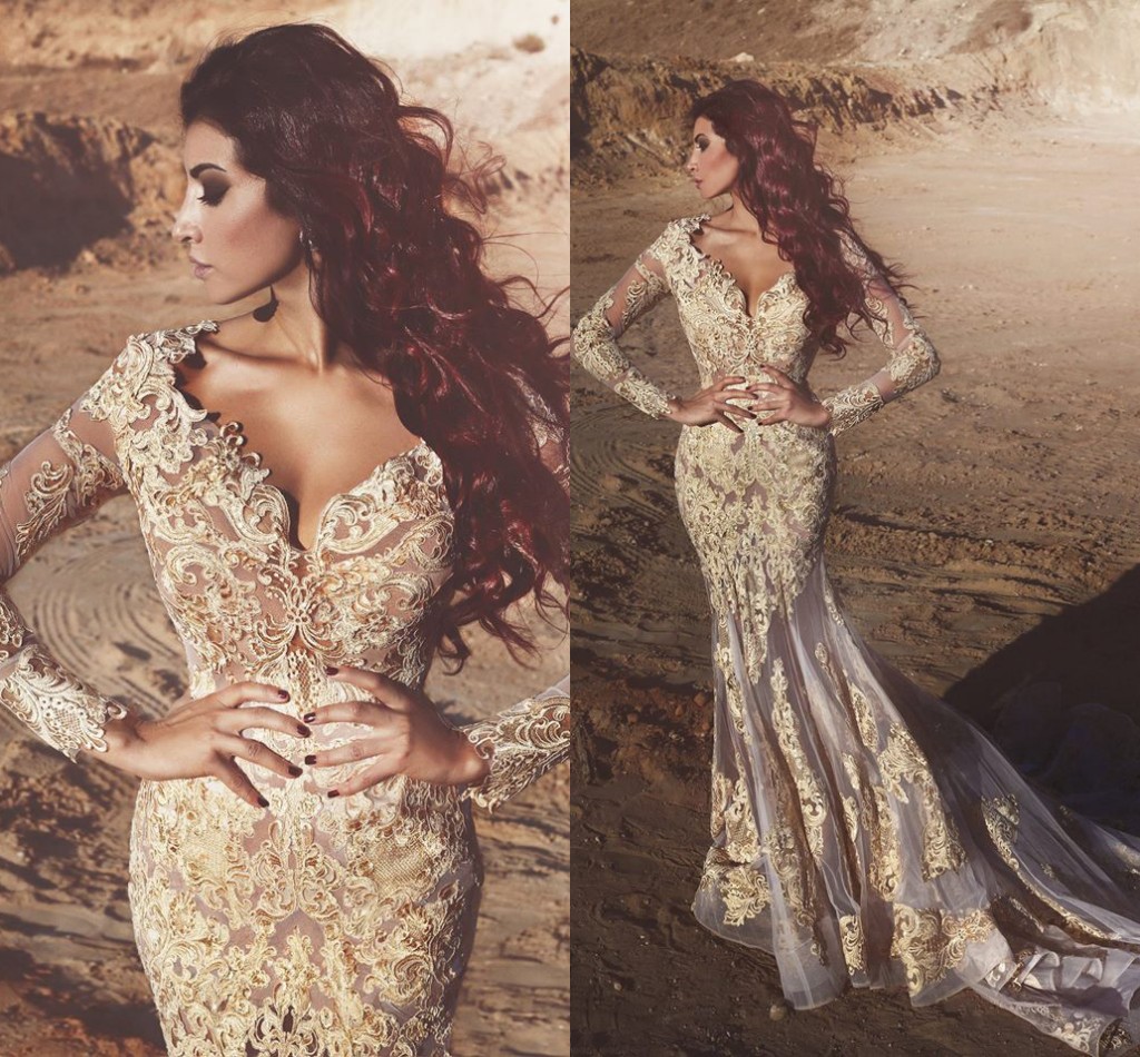 Long Evening Said Mhamad Sleeves Deep V Neck Lace Prom Dresses White Organza With Champagne Applique Mermaid Custom Made Party Gowns 6660306