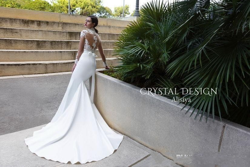 New Arrival Mermaid Wedding Dresses 2017 High Neck Sheer Long Sleeves Lace Appliques Satin See Through Beach Garden Bridal Gown Cheap