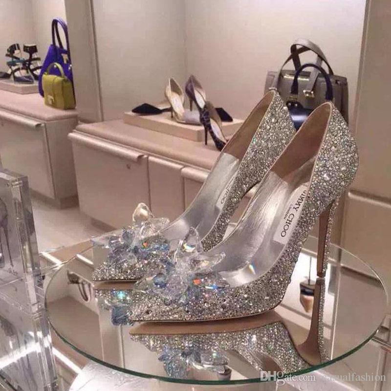 New Luxurious Cinderella Silver High Heels Crystal Summer Wedding Bridal Shoes Pointed Toe Thin Heel Rhinestone Butterfly BlingBling Shoes