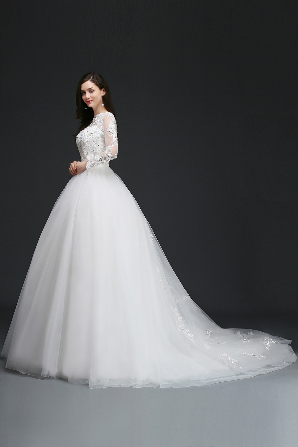 Stock Ball Gown Dresses Long Sleeves Sheer Jewel Neck Dubai Wedding Gowns With Appliques Crystal Sexy Backless Vestido De Novia Best 6660311