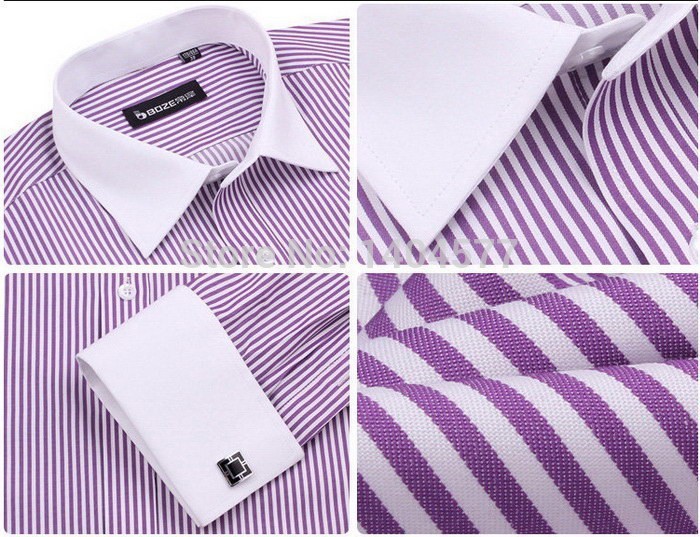 Wholesale- Luxury French cuff Button MENS Dress Shirt 2016 New Fashion Non Iron Long Sleeve slim striped High Quality Business formal Shirt