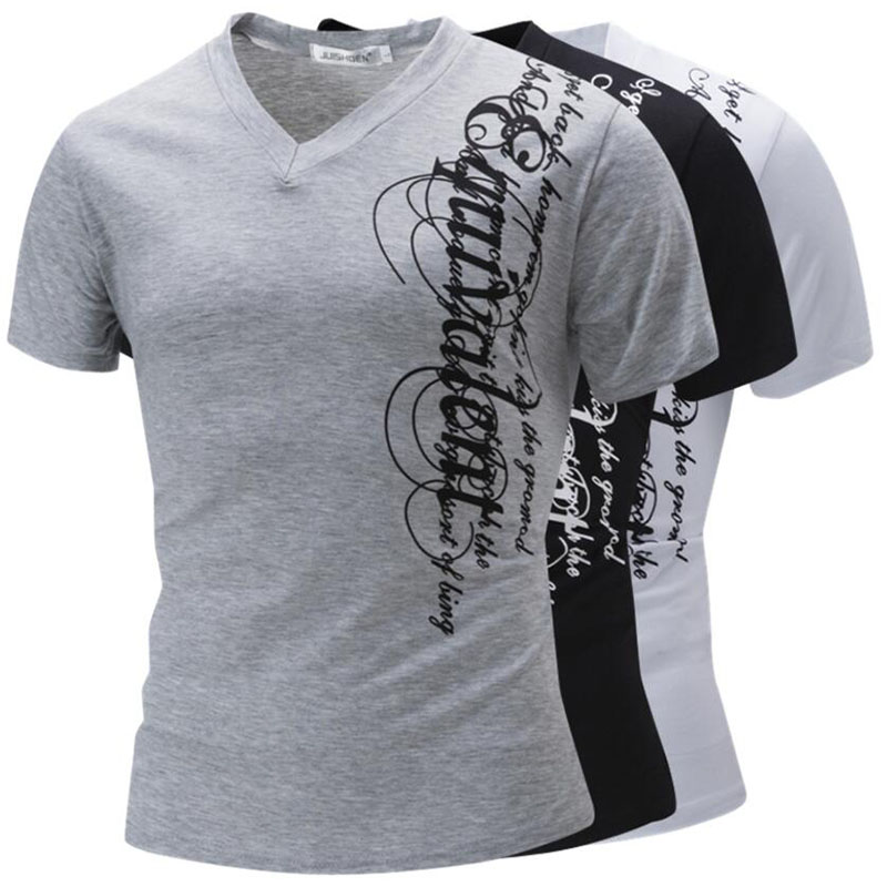 Wholesale- New V Collar Cotton Men'S T Shirt Brand Summer white Short-Sleeved Tees Male Camisa Masculina T-Shirt Slim Male Tops 3XL