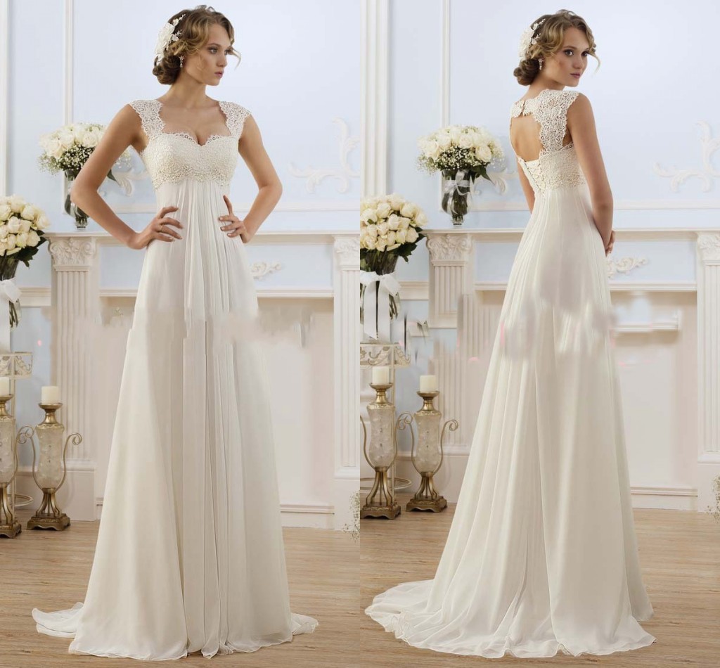 Romantic Chiffon Wedding Dresses Summer Lace Top Cap Sleeve Keyhole Back Beach Wedding Dress Pregnant Bridal Gown