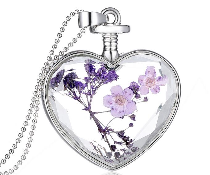 Charms purple flower Women Dry Flower Heart Glass Wishing Bottle Pendant Necklace G75