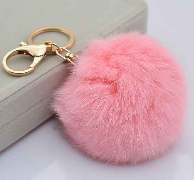 Fashion Real Rabbit Fur Keychain 8cm Lovely Gold Metal Key Chains Ball Pom Poms Plush Keychains Car Keyring Bag Rings Free shipping
