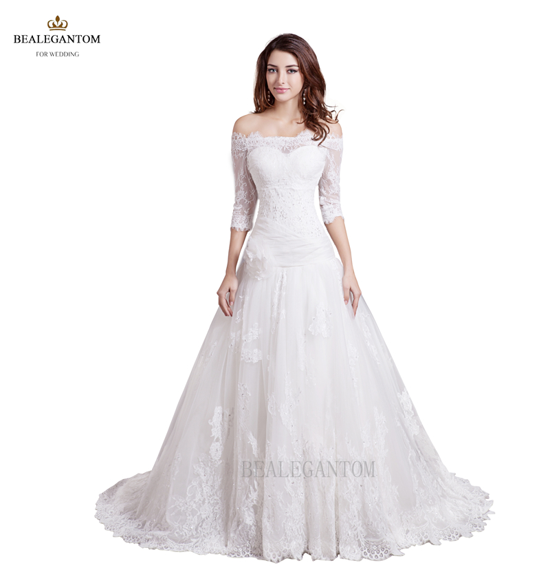 new elegant half sleeves lace wedding dresses aline beaded appliques wedding party bridal gowns bm28