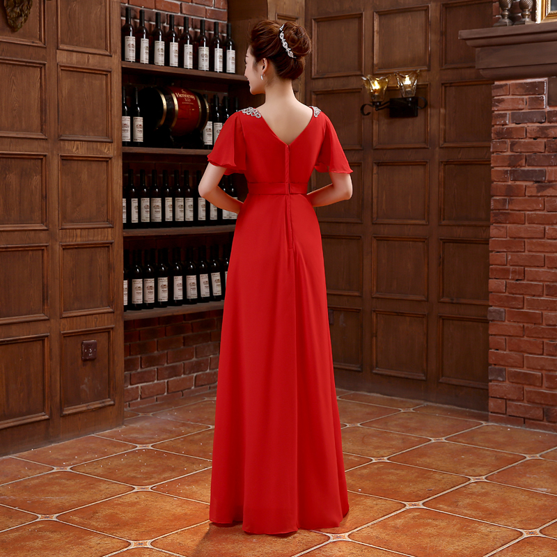 Brand New Red Evening Dresses with Short Sleeve Elegant Chiffon Bride Gown Ball Prom Party Homecoming/Graduation Formal Dress