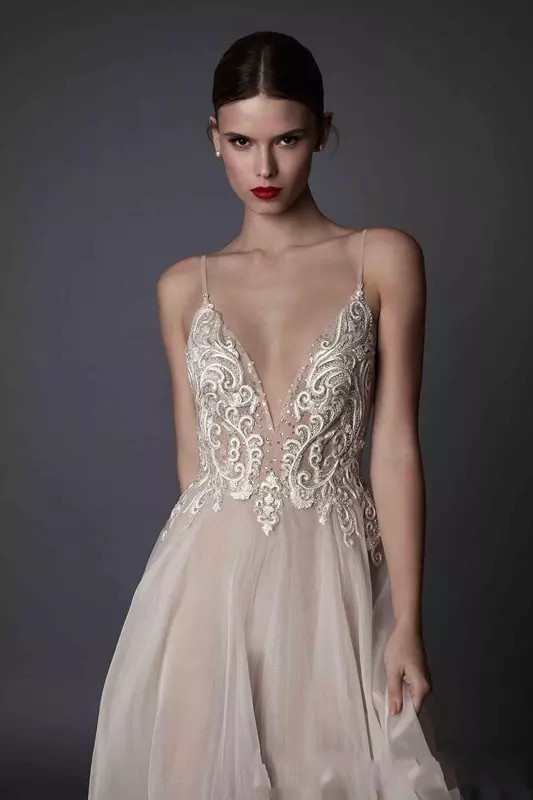 2020 Sexy Berta Wedding Dresses Deep V Neck Spaghetti Straps Embroidered Tulle Backless Summer Illusion Long Boho Bridal Gowns For Beach