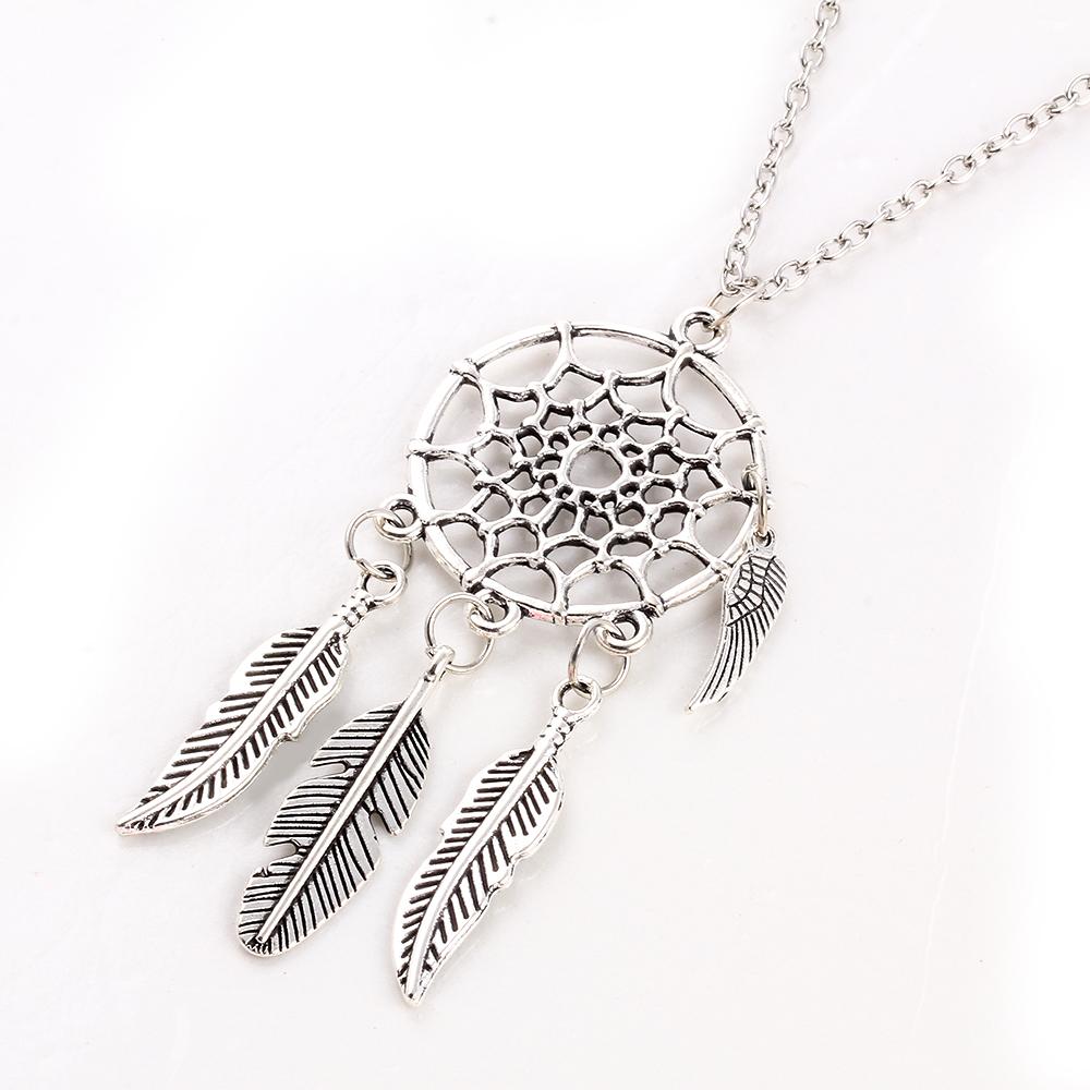 Wholesale-Ancient Silver Color Alloy Girl Chian necklaces For Women Vintage Korea Dream Catcher Leaves Pendant Necklace Jewelry collares