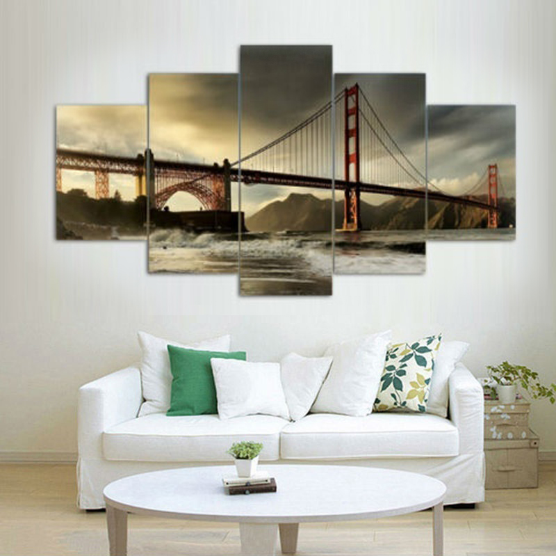 5Panel Modern Beautiful Golden Gate Bridge Oil Painting on Canvas for Living Room Wall Art Gift Decoration Home No Frame