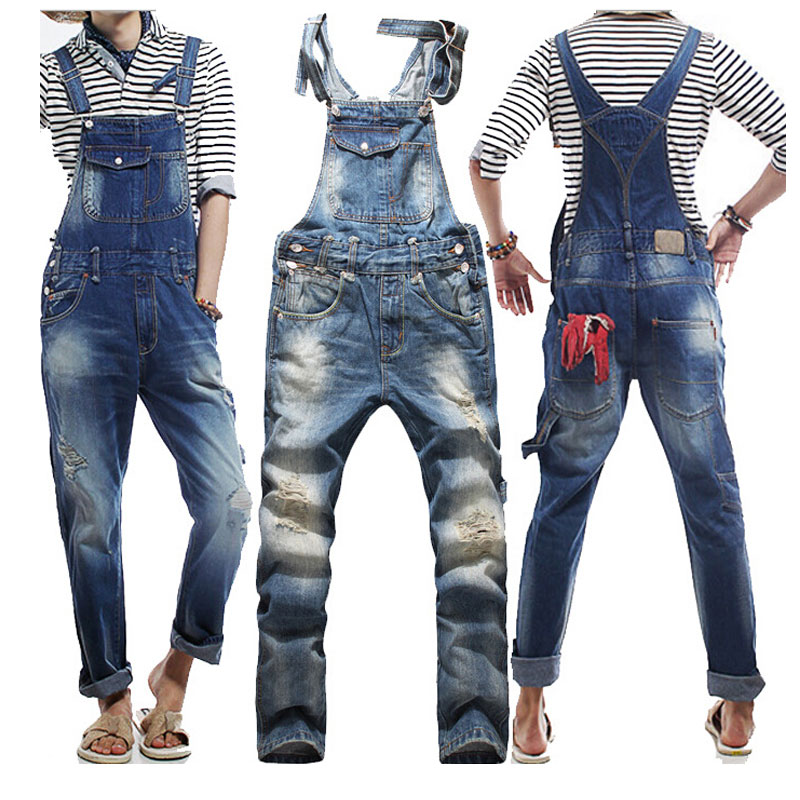 Wholesale- Fashion Mens Ripped Skinny Bib Overalls Jeans 2017 Casual Designer Slim Fit Distrressed Jeans Men Denim Jumpsuit Jeans Pants