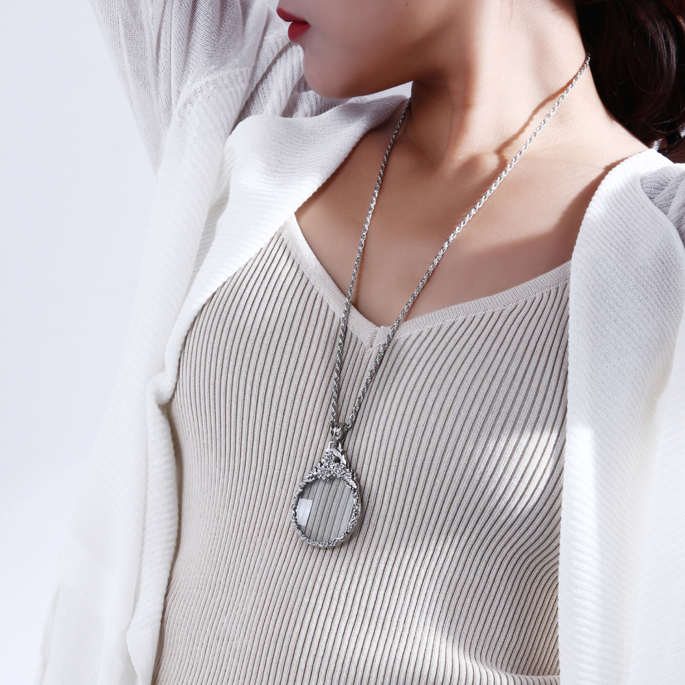 Magnifying glass for reading Magnifying glass necklace women's fashion Owl pendant Rhodium with crystal Magnifier necklace