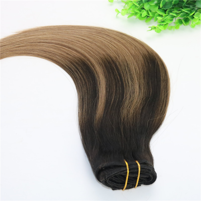 8A 7pcs Full Head Clip In Human Hair Extensions Ombre Dark Brown To Medium Brown Highlights Hairstyle