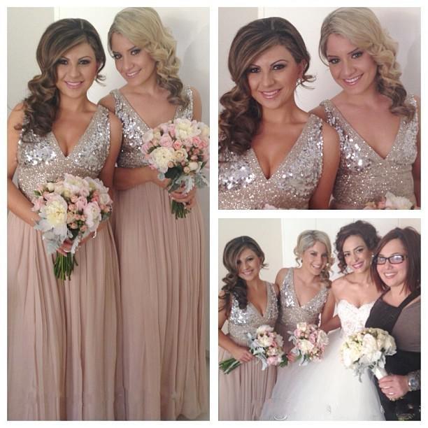 Dusty Pink Bling Sier Sequined Long Bridesmaid Dresses A Line Chiffon Maid Of Honor Wedding Guest Party Dresses Deep V Neck Custom Made 0510